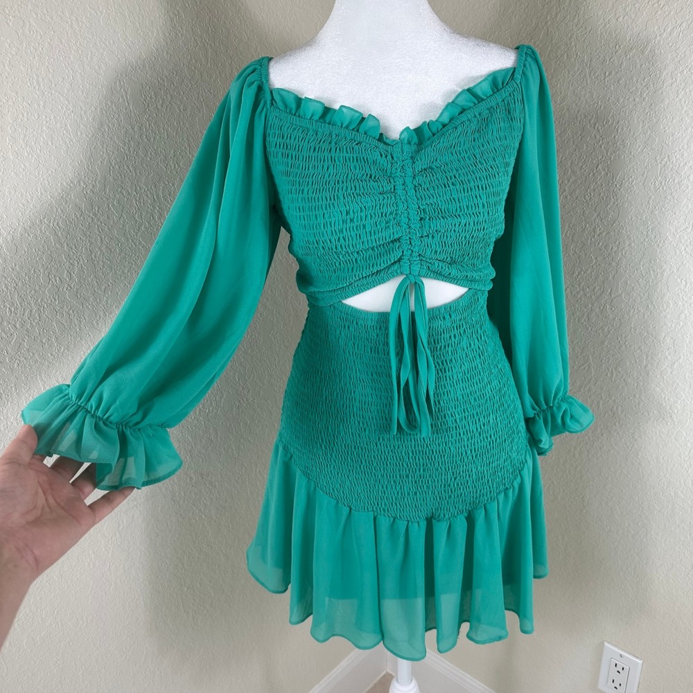 She + Sky Mini Dress Womens Large Teal Smocked Cutout Boho Cottagecore SS7093